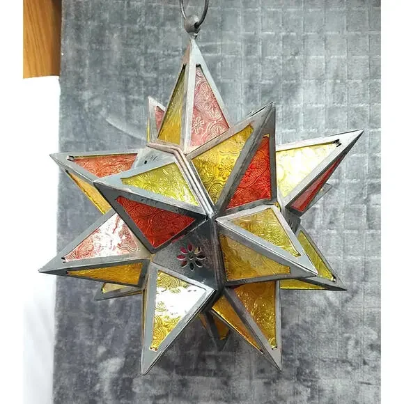 Moroccan Moravian Stained Glass 14" Star Hanging Tealight Candle Holder 2PC Set - Picture 9 of 10